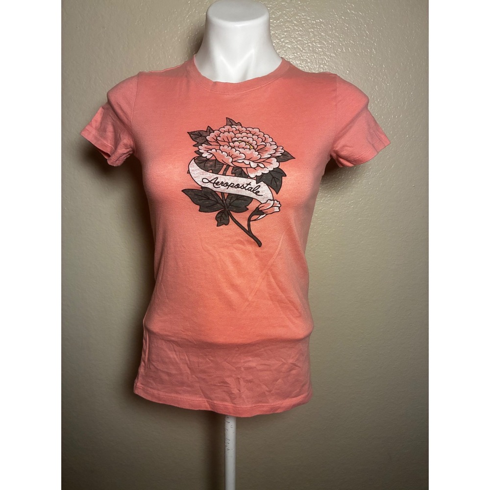 Aeropostale Womens Classic Crew Graphic T-Shirt Coral Pink Flower Size S